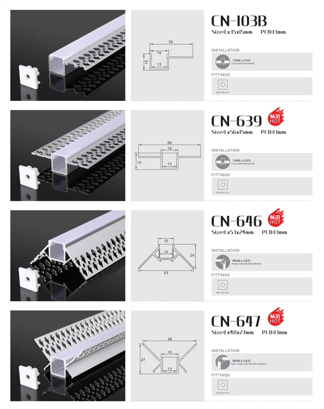 12V/24V LED Strip Cove Facade Light Aluminum Profile for Corridor, Home, KTV, Groove and Cabinet